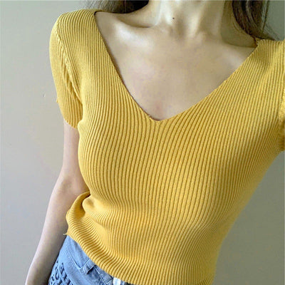Suéter Ajustado Cuello V Manga Corta para Mujer - Top Casual Versátil - Image 5