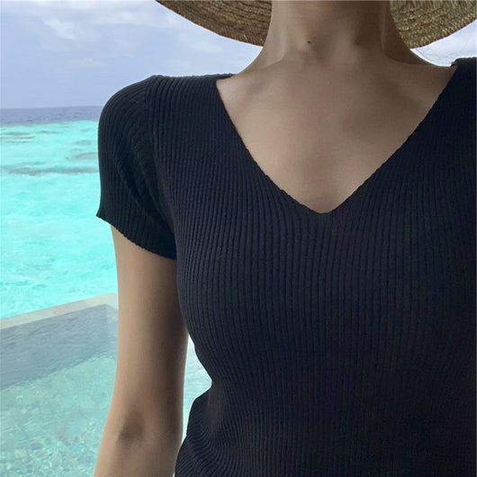 Suéter Ajustado Cuello V Manga Corta para Mujer - Top Casual Versátil - Image 7