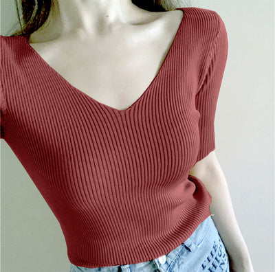 Suéter Ajustado Cuello V Manga Corta para Mujer - Top Casual Versátil - Image 8