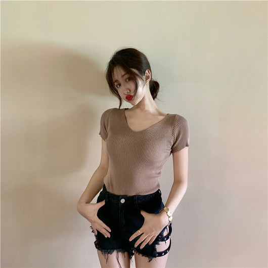 Suéter Ajustado Cuello V Manga Corta para Mujer - Top Casual Versátil - Image 3