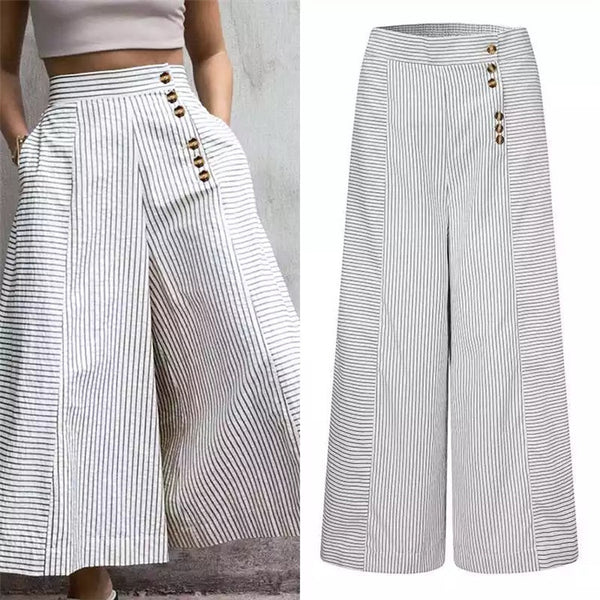 Pantalón Ancho Casual con Cinturón Decorativo y Rayas Irregulares