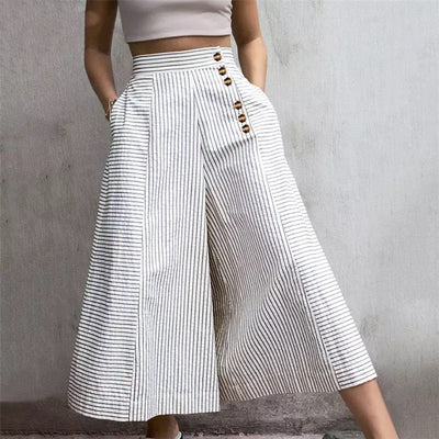 Pantalón Ancho Casual con Cinturón Decorativo y Rayas Irregulares