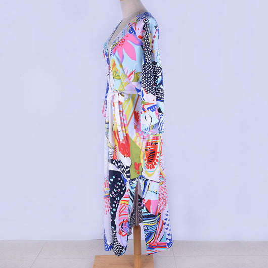 Blusa Playera Estampada con Cinturón - Cardigan Sexy de Playa - Image 12