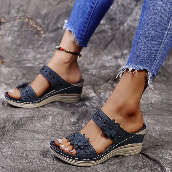Pantuflas Cuña con Flores para Mujer