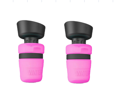 Pink and black foldable pet water bottle with integrated bowl, shown extended and collapsed, with a dog drinking. - Image 14