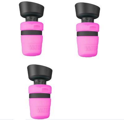 Pink and black foldable pet water bottle with integrated bowl, shown extended and collapsed, with a dog drinking. - Image 15