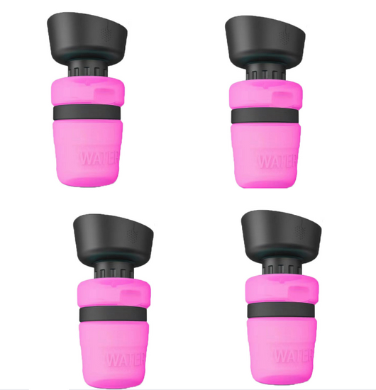 Pink and black foldable pet water bottle with integrated bowl, shown extended and collapsed, with a dog drinking. - Image 16