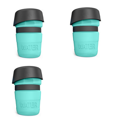 Pink and black foldable pet water bottle with integrated bowl, shown extended and collapsed, with a dog drinking. - Image 21