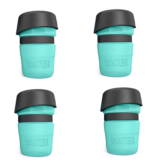 Pink and black foldable pet water bottle with integrated bowl, shown extended and collapsed, with a dog drinking. - Image 22