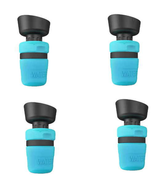 Pink and black foldable pet water bottle with integrated bowl, shown extended and collapsed, with a dog drinking. - Image 19