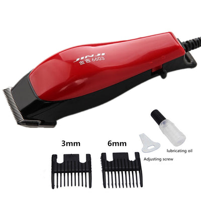 Red corded electric hair clipper with stainless steel blade, two black guide combs, two replacement blades, oil, and brush. - Image 21