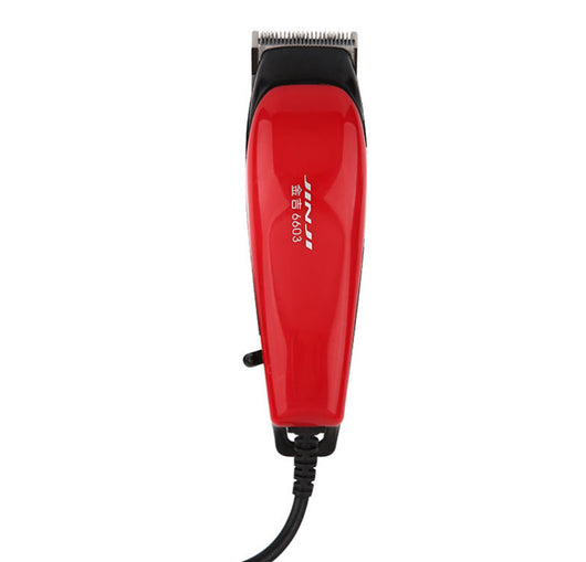 Red corded electric hair clipper with stainless steel blade, two black guide combs, two replacement blades, oil, and brush. - Image 25