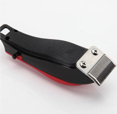 Red corded electric hair clipper with stainless steel blade, two black guide combs, two replacement blades, oil, and brush. - Image 22