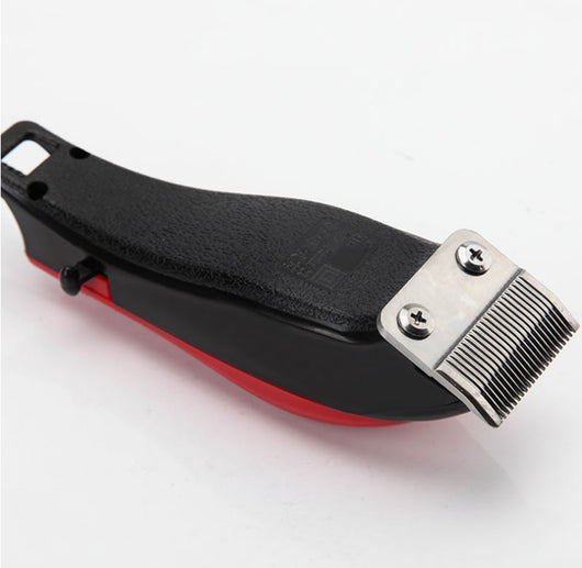 Red corded electric hair clipper with stainless steel blade, two black guide combs, two replacement blades, oil, and brush. - Image 22