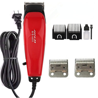 Red corded electric hair clipper with stainless steel blade, two black guide combs, two replacement blades, oil, and brush. - Image 13
