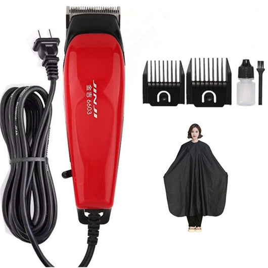 Red corded electric hair clipper with stainless steel blade, two black guide combs, two replacement blades, oil, and brush. - Image 10