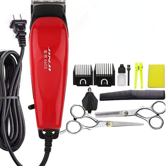 Red corded electric hair clipper with stainless steel blade, two black guide combs, two replacement blades, oil, and brush.