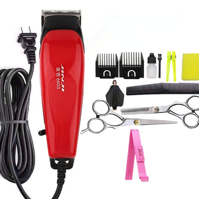 Red corded electric hair clipper with stainless steel blade, two black guide combs, two replacement blades, oil, and brush. - Image 16