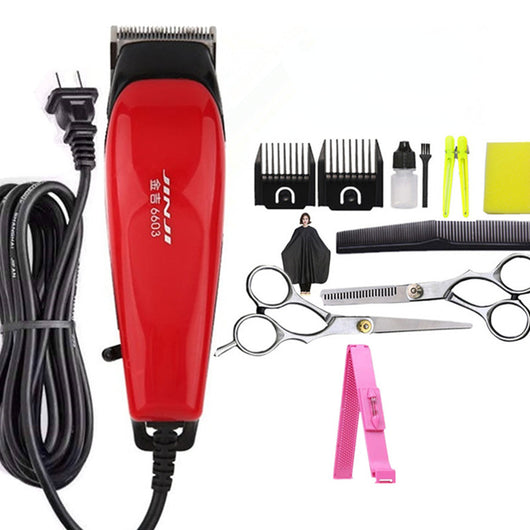 Red corded electric hair clipper with stainless steel blade, two black guide combs, two replacement blades, oil, and brush. - Image 16