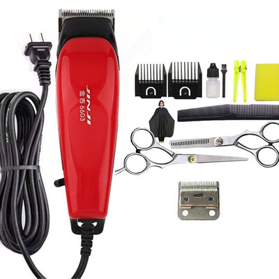Red corded electric hair clipper with stainless steel blade, two black guide combs, two replacement blades, oil, and brush. - Image 18