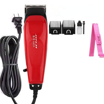 Red corded electric hair clipper with stainless steel blade, two black guide combs, two replacement blades, oil, and brush. - Image 9