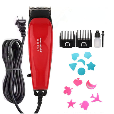 Red corded electric hair clipper with stainless steel blade, two black guide combs, two replacement blades, oil, and brush. - Image 8