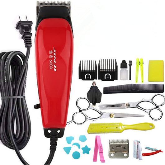 Red corded electric hair clipper with stainless steel blade, two black guide combs, two replacement blades, oil, and brush. - Image 20