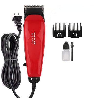 Red corded electric hair clipper with stainless steel blade, two black guide combs, two replacement blades, oil, and brush. - Image 6