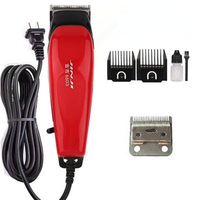 Red corded electric hair clipper with stainless steel blade, two black guide combs, two replacement blades, oil, and brush. - Image 12