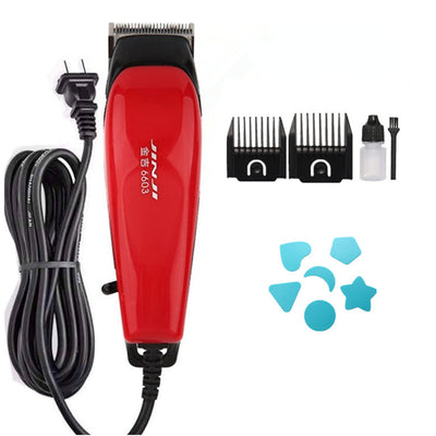 Red corded electric hair clipper with stainless steel blade, two black guide combs, two replacement blades, oil, and brush. - Image 7