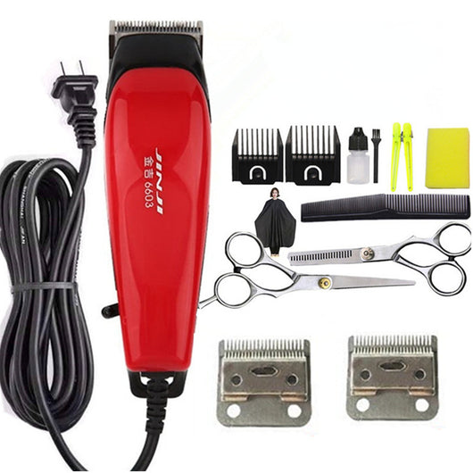 Red corded electric hair clipper with stainless steel blade, two black guide combs, two replacement blades, oil, and brush. - Image 19
