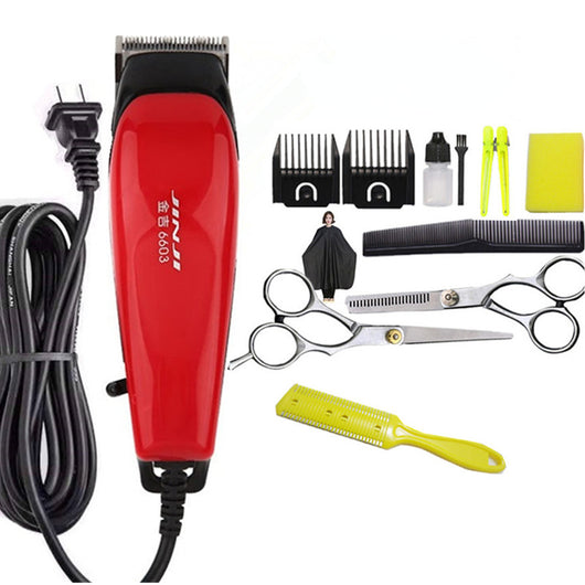 Red corded electric hair clipper with stainless steel blade, two black guide combs, two replacement blades, oil, and brush. - Image 15
