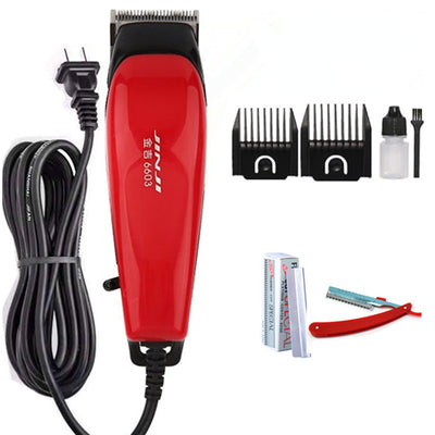 Red corded electric hair clipper with stainless steel blade, two black guide combs, two replacement blades, oil, and brush. - Image 11