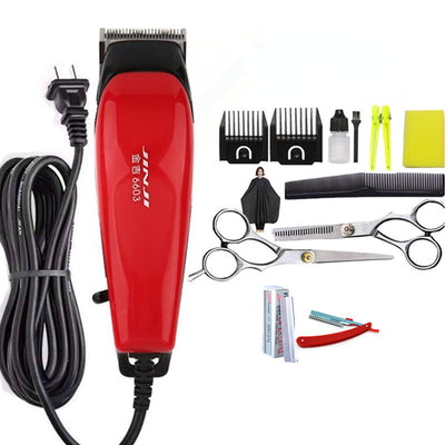 Red corded electric hair clipper with stainless steel blade, two black guide combs, two replacement blades, oil, and brush. - Image 17