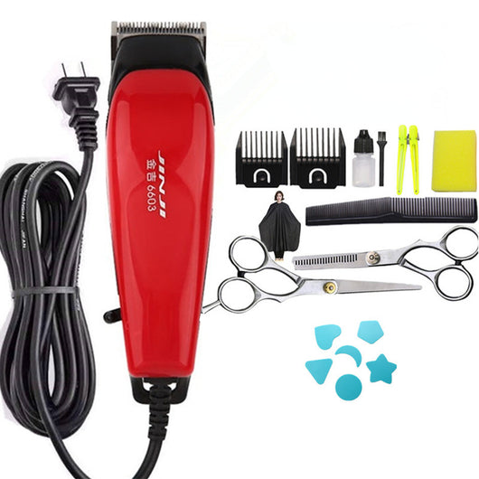 Red corded electric hair clipper with stainless steel blade, two black guide combs, two replacement blades, oil, and brush. - Image 14