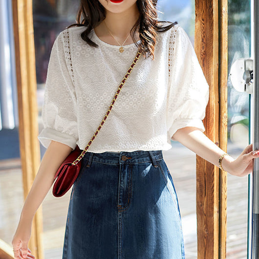 Blusa Holgada con Mangas Farol Bordadas Solubles en Agua