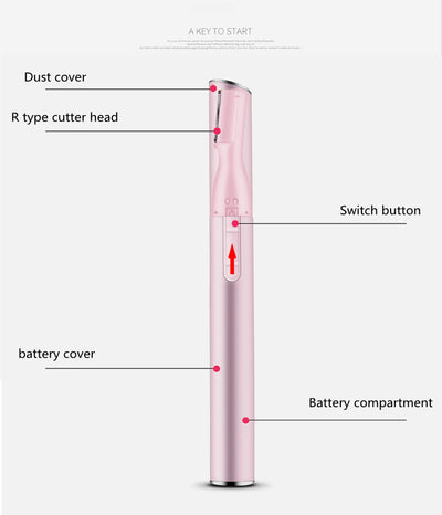 Pink electric shaver with cap off, showing blade, comb attachment, cleaning brush, and AA battery on a pink sheet mask. - Image 13
