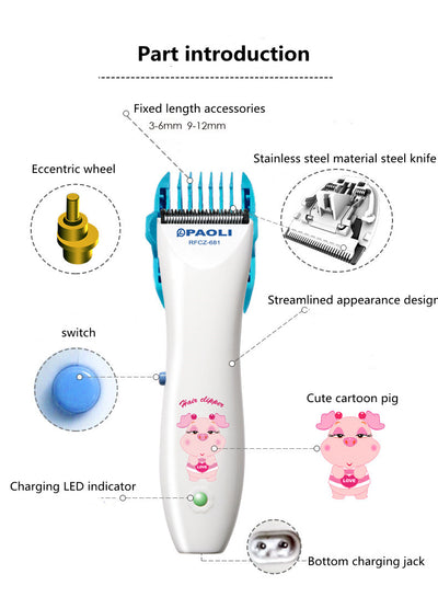 White rechargeable children's hair clipper set with guide combs (3-12mm), scissors, USB cable, cleaning brush, and oil. - Image 12