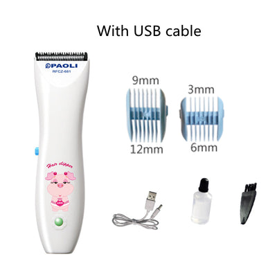 White rechargeable children's hair clipper set with guide combs (3-12mm), scissors, USB cable, cleaning brush, and oil. - Image 3