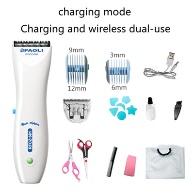 White rechargeable children's hair clipper set with guide combs (3-12mm), scissors, USB cable, cleaning brush, and oil. - Image 6