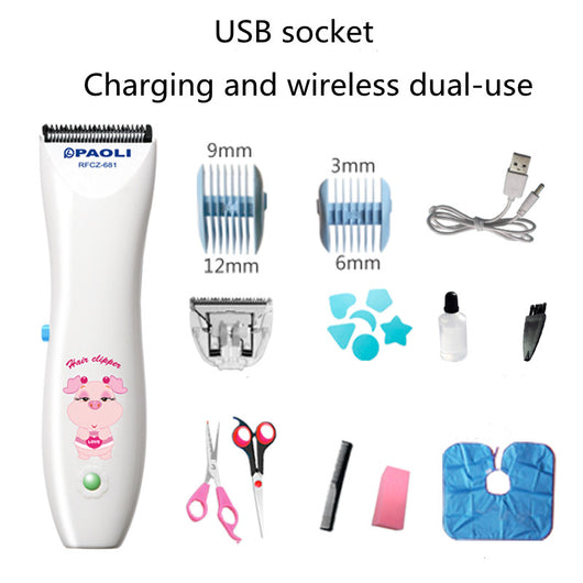White rechargeable children's hair clipper set with guide combs (3-12mm), scissors, USB cable, cleaning brush, and oil. - Image 7