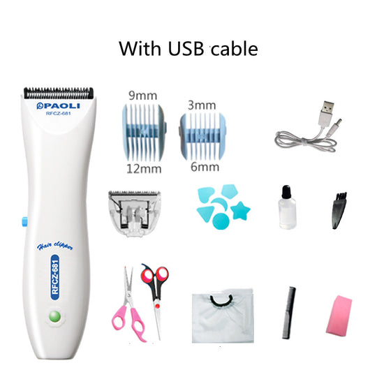 White rechargeable children's hair clipper set with guide combs (3-12mm), scissors, USB cable, cleaning brush, and oil. - Image 4
