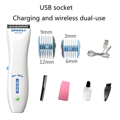 White rechargeable children's hair clipper set with guide combs (3-12mm), scissors, USB cable, cleaning brush, and oil. - Image 8