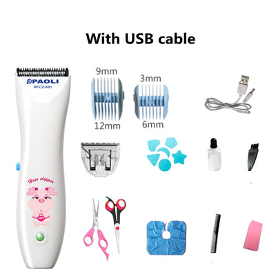 White rechargeable children's hair clipper set with guide combs (3-12mm), scissors, USB cable, cleaning brush, and oil. - Image 5