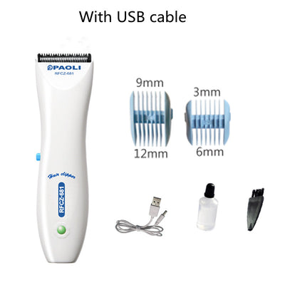 White rechargeable children's hair clipper set with guide combs (3-12mm), scissors, USB cable, cleaning brush, and oil. - Image 2