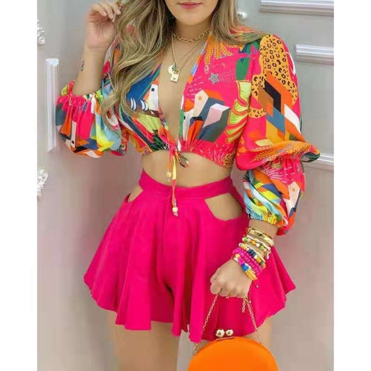 Traje Elegante Estampado con Moño para Mujer, Manga Larga