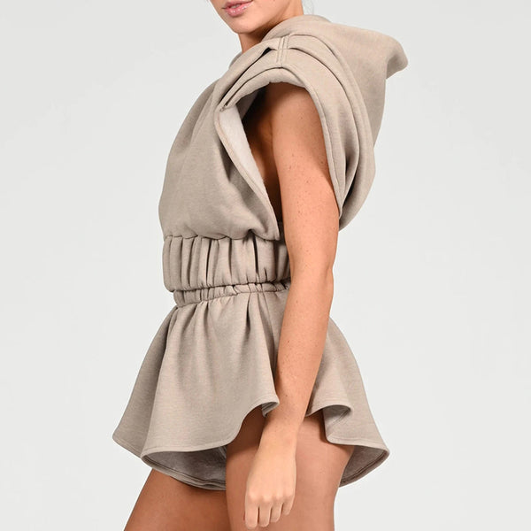 Conjunto Deportivo Hoodie con Mangas Sueltas y Hombreras + Shorts