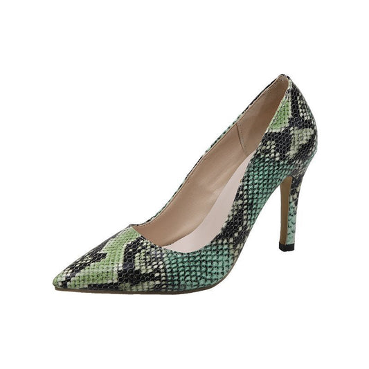 Tacones Stiletto Punta Aguda con Patrón Serpiente y Boca Baja