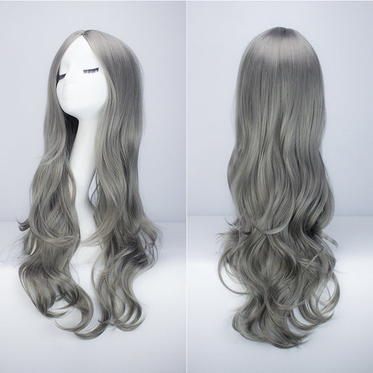Cabeza de Maniquí Cabello Gris Largo Ondulado con Flequillo Desfilado