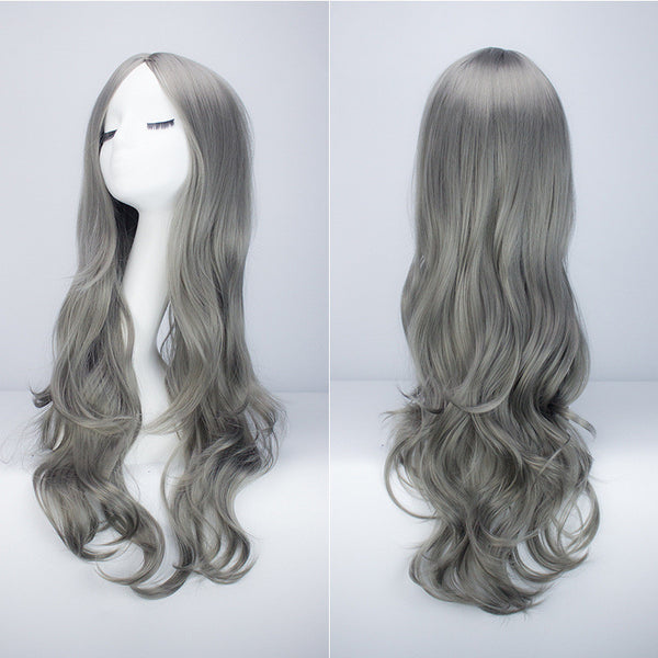 Cabeza de Maniquí Cabello Gris Largo Ondulado con Flequillo Desfilado